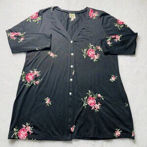 Fig And Flower Womens Black Embroidered Floral Preppy Cardigan Sweater Size 1X
